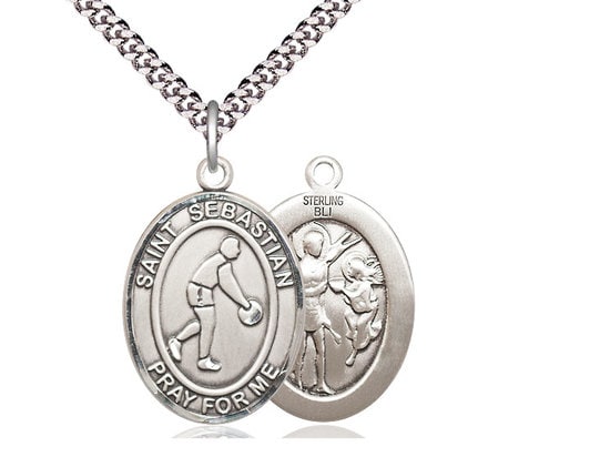 St Sebastian Basketball Sterling Silver Pendant on a 24 inch Light Rhodium Heavy Curb Chain.