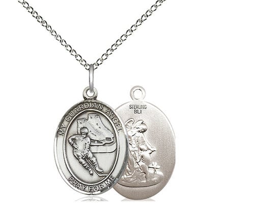 Guardian Angel Hockey Sterling Silver Pendant on a 18 inch Light Curb Chain.