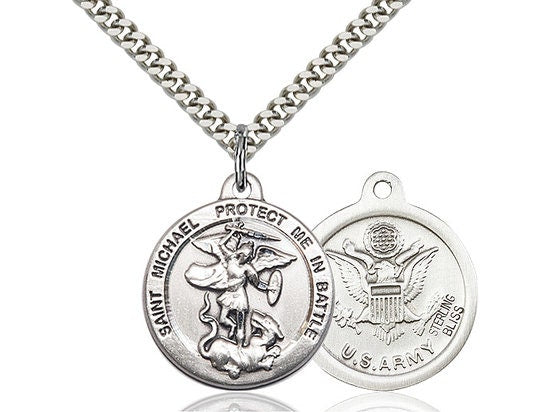 St Michael Army Sterling Silver Pendant on a 24 inch Light Rhodium Heavy Curb Chain.