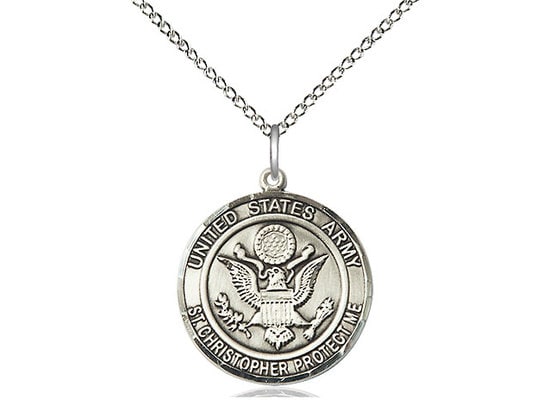 Army St Christopher Sterling Silver Pendant on a 18 inch Sterling Silver Light Curb Chain.