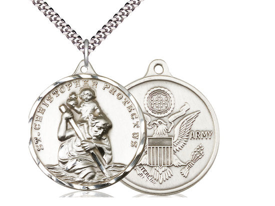 St Christopher Army Sterling Silver Pendant on a 24 inch Light Rhodium Heavy Curb Chain.