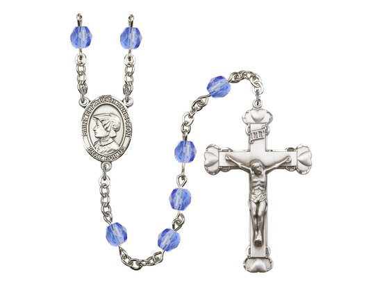 St. Elizabeth Ann Seton Center Hand Made Silver Plate Rosary with 6mm Fire Polished Sapphire Beads