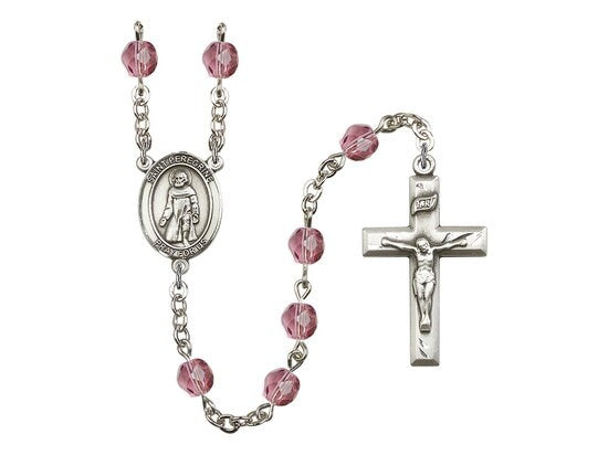 St. Peregrine Laziosi Center Hand Made Silver Plate Rosary with 6mm Fire Polished Amethyst Beads