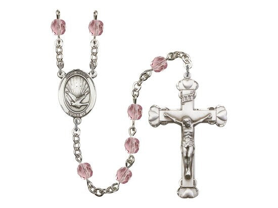 Holy Spirit Center Hand Made Silver Plate Rosary with 6mm Fire Polished Light Amethyst Beads