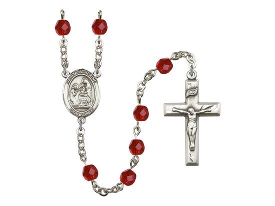 St. Catherine of Siena Center Hand Made Silver Plate Rosary with 6mm Fire Polished Ruby Beads