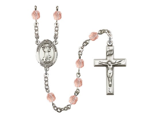 St. Francis of Assisi Center Hand Made Silver Plate Rosary with 6mm Fire Polished Pink Beads