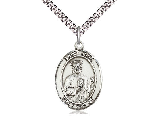 St Jude Sterling Silver Pendant on a 24 inch Light Rhodium Heavy Curb Chain.