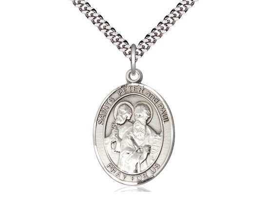 St Peter & St Paul Sterling Silver Pendant on a 24 inch Light Rhodium Heavy Curb Chain.