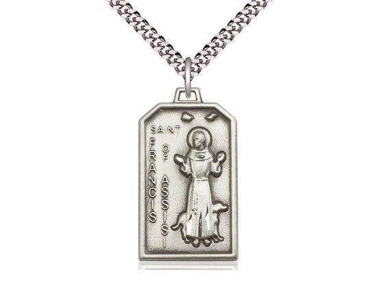 St. Francis Sterling Silver Pendant on a 24 inch Light Rhodium Heavy Curb Chain.