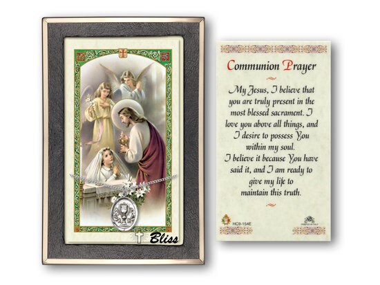 Chalice Medal on a 18 inch Lite Curb Chain with a Communion Prayer - Girl Prayer Card.