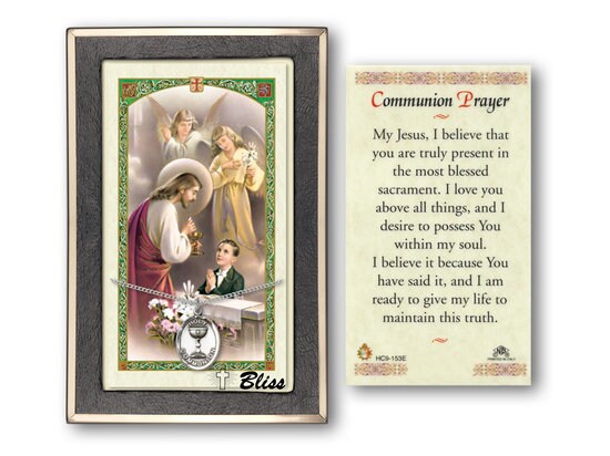 Holy Communion Medal on a 18 inch Lite Curb Chain with a Communion Prayer - Boy Prayer Card.