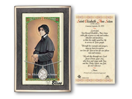 Saint Elizabeth Ann Seton Medal on a 18 inch Lite Curb Chain with a Prayer to St Elizabeth Anne Seton Prayer Card.
