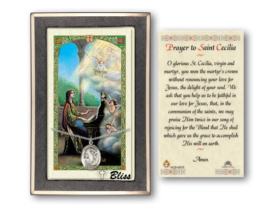 Saint Cecilia Medal on a 18 inch Lite Curb Chain with a Prayer to St Cecilia Prayer Card.