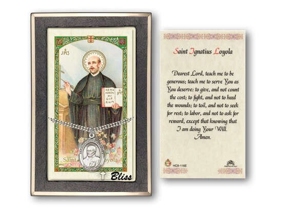 Saint Ignatius of Loyola Medal on a 24 inch Heavy Curb Chain with a Prayer to St Ignatius Loyola Prayer Card.