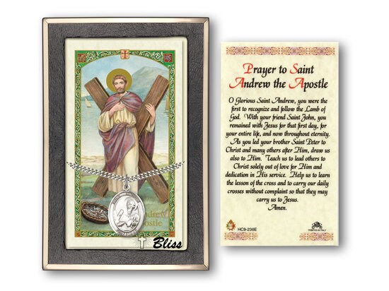 Saint Andrew the Apostle Medal on a 24 inch Heavy Curb Chain with a Prayer to St Andrew the Apostle Prayer Card.