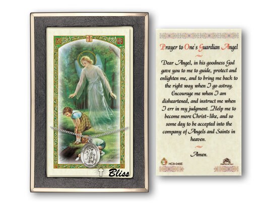 Guardian Angel w/Child Medal on a 18 inch Lite Curb Chain with a Prayer to One's Guardian Angel Prayer Card.