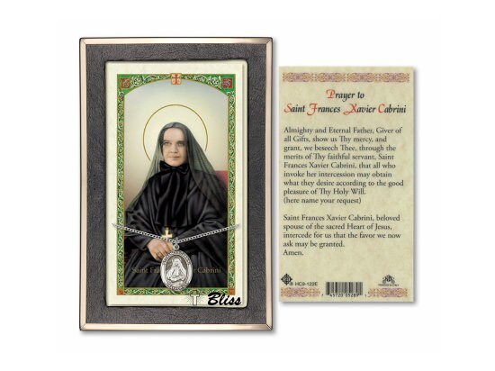 Saint Frances Cabrini Medal on a 18 inch Lite Curb Chain with a Prayer to Saint Frances Xavier Cabrini Prayer Card.