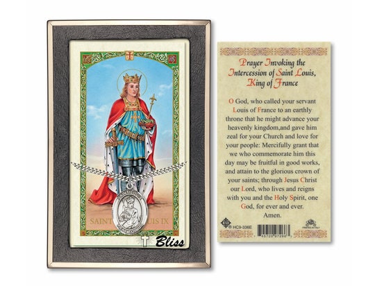 Saint Louis Medal on a 24 inch Heavy Curb Chain with a Prayer Invoking the Intercession of Saint Louis King of France Prayer Card