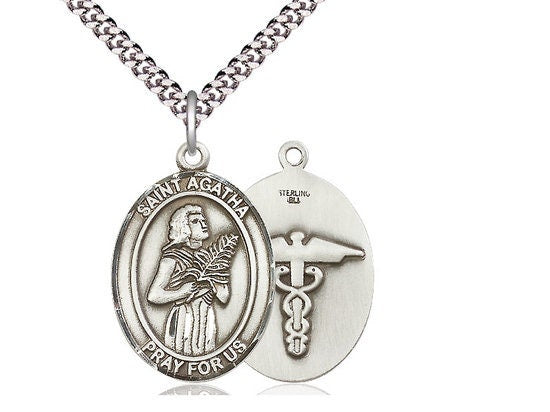 St Agatha Nurse Sterling Silver Pendant on a 24 inch Light Rhodium Heavy Curb Chain.