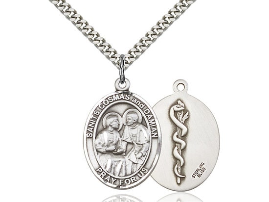 Sts Cosmas & Damian Doctors Sterling Silver Pendant on a 24 inch Light Rhodium Heavy Curb Chain.