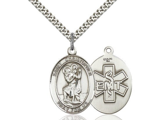 St Christopher EMT Sterling Silver Pendant on a 24 inch Light Rhodium Heavy Curb Chain.