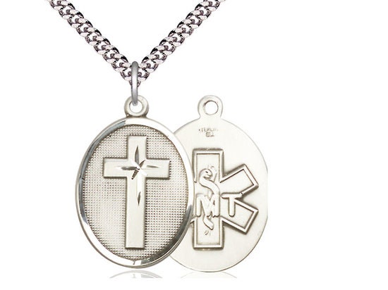Cross EMT Sterling Silver Pendant on a 24 inch Light Rhodium Heavy Curb Chain.