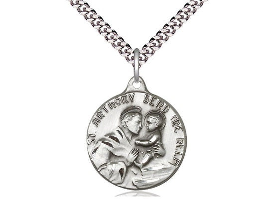 St Anthony Sterling Silver Pendant on a 24 inch Light Rhodium Heavy Curb Chain
