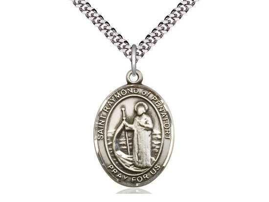 St Raymond of Penafort Sterling Silver Pendant on a 24 inch Light Rhodium Heavy Curb Chain.