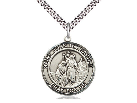 St John the Baptist Sterling Silver Pendant on a 24 inch Light Rhodium Heavy Curb Chain.