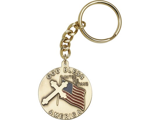 God Bless America Keychain Guardian Angel Back Gold Finish