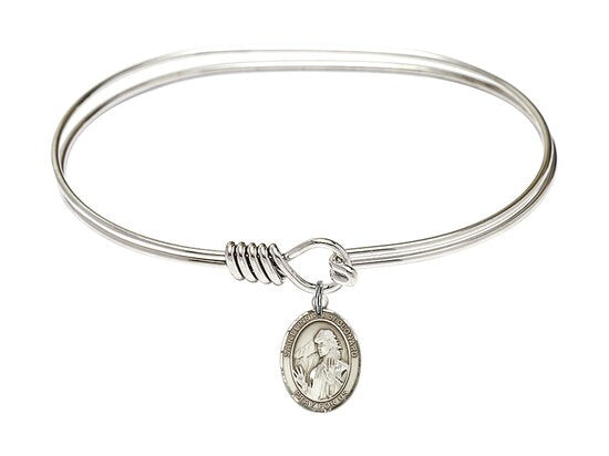 Saint Finnian of Clonard Sterling Silver Charm on a 7 inch Oval Eye Hook Rhodium Bangle Bracelet