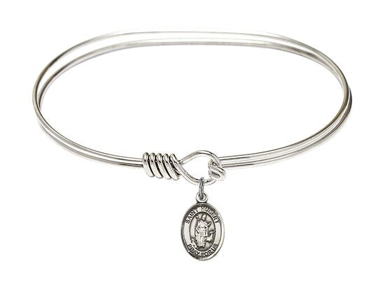 Saint Hubert of Liege Sterling Silver Charm on a 7 inch Oval Eye Hook Rhodium Bangle Bracelet