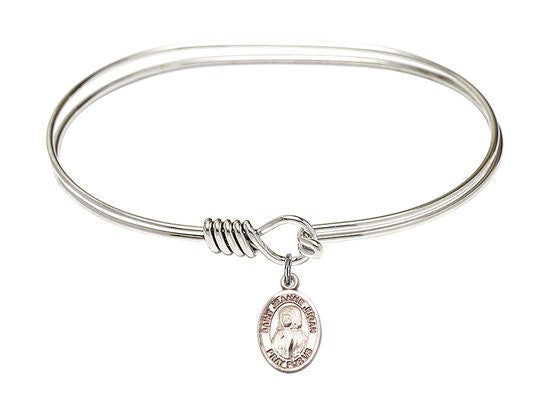 Saint Jeanne Jugan Sterling Silver Charm on a 7 inch Oval Eye Hook Rhodium Bangle Bracelet