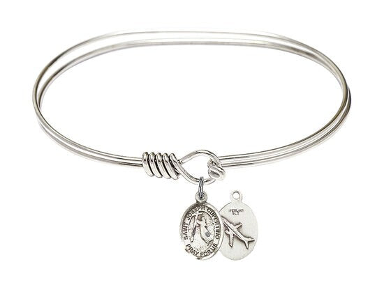 Saint Joseph of Cupertino Sterling Silver Charm on a 7 inch Oval Eye Hook Rhodium Bangle Bracelet