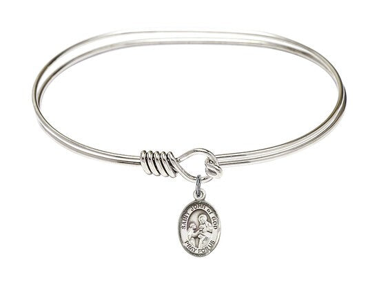 Saint John of God Sterling Silver Charm on a 7 inch Oval Eye Hook Rhodium Bangle Bracelet