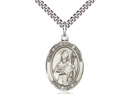 St Malachy O'More Sterling Silver Pendant on a 24 inch Light Rhodium Heavy Curb Chain.