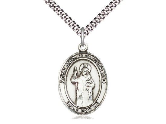 St John of Capistrano Sterling Silver Pendant on a 24 inch Light Rhodium Heavy Curb Chain.