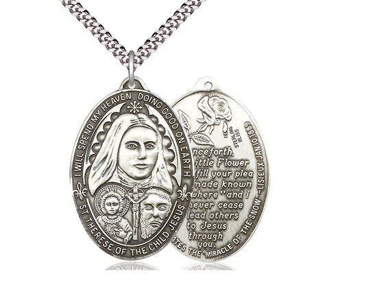 Saint Therese of the Child of Jesus Sterling Silver Pendant on a 24 inch Light Rhodium Heavy Curb Chain.
