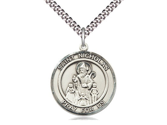 St Nicholas Sterling Silver Pendant on a 24 inch Light Rhodium Heavy Curb Chain.