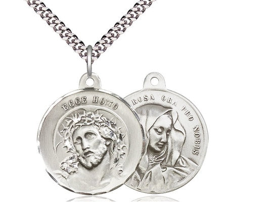 Ecce Homo / Mater Dolorosa Sterling Silver Pendant on a 24 inch Light Rhodium Heavy Curb Chain.