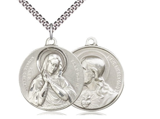 Blessed Virgin / Sacred Heart of Jesus Pendant on a 24 inch Light Rhodium Heavy Curb Chain.