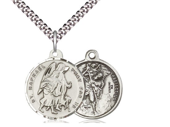 Saint Raphael the Archangel / Saint Christopher Sterling Silver Pendant on a 24 inch Light Rhodium Heavy Curb Chain.