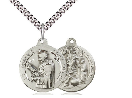 Saint Dominic / Holy Rosary Sterling Silver Pendant on a 24 inch Light Rhodium Heavy Curb Chain.