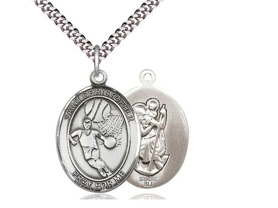 St Christopher Basketball Sterling Silver Pendant on a 24 inch Light Rhodium Heavy Curb Chain.