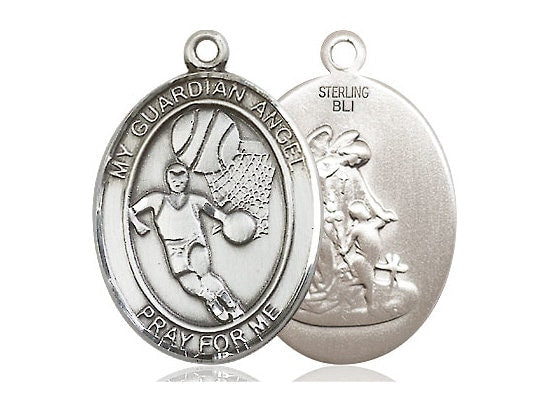 Guardian Angel Basketball Sterling Silver Pendant on a 24 inch Light Rhodium Heavy Curb Chain.