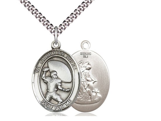 Guardian Angel Football Sterling Silver Pendant on a 24 inch Light Rhodium Heavy Curb Chain.