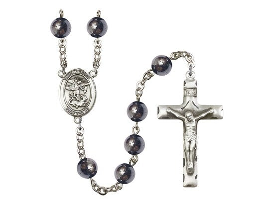 St. Michael the Archangel Center Hand Made Silver Plate Rosary with 8mm Hematite Beads