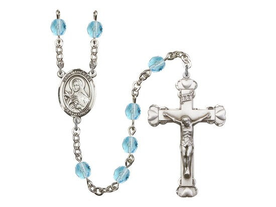 St. Theresa Center Hand Made Silver Plate Rosary with 6mm Fire Polished Aqua Beads