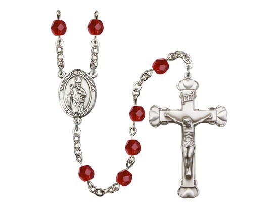 St. Augustine of Hippo Center Hand Made Silver Plate Rosary with 6mm Fire Polished Ruby Beads