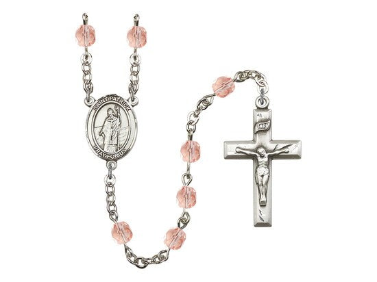 St. Patrick Center Hand Made Silver Plate Rosary with 6mm Fire Polished Pink Beads